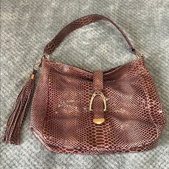 GILI Womens Shoulder Hobo Bag Snake Print Genuine Leather Brown